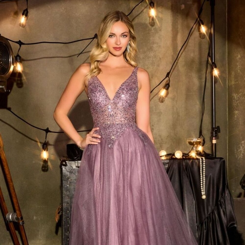 New English Violet Rhinestones Embellished A-Line Gown w/ V-Neckline CD CR880